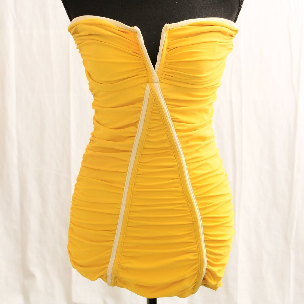Vintage Yellow Strapless Gathered Mini Dress